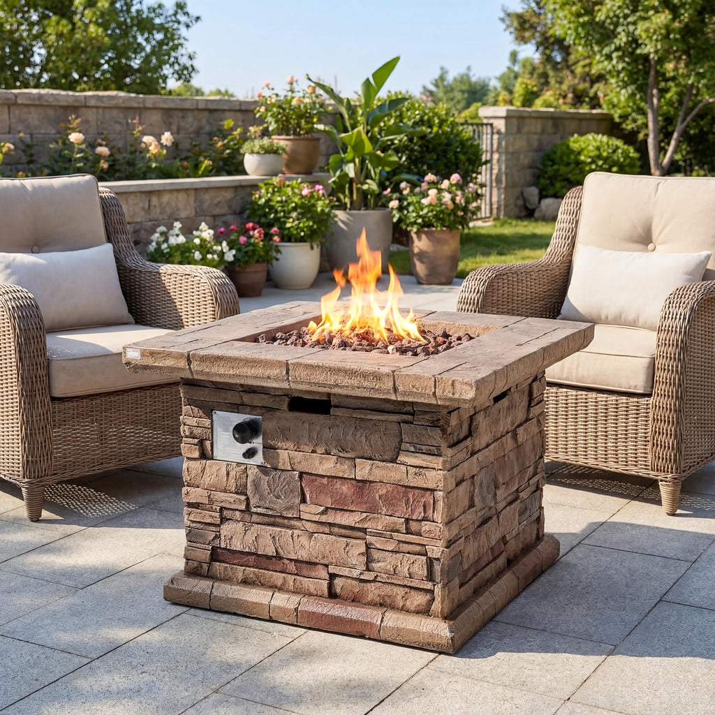 Outdoor Fire Pit Table w Faux Brown Ledgestone 32-inch Square Fire Table, Certified, 50, 000 BTU Stainless Steel