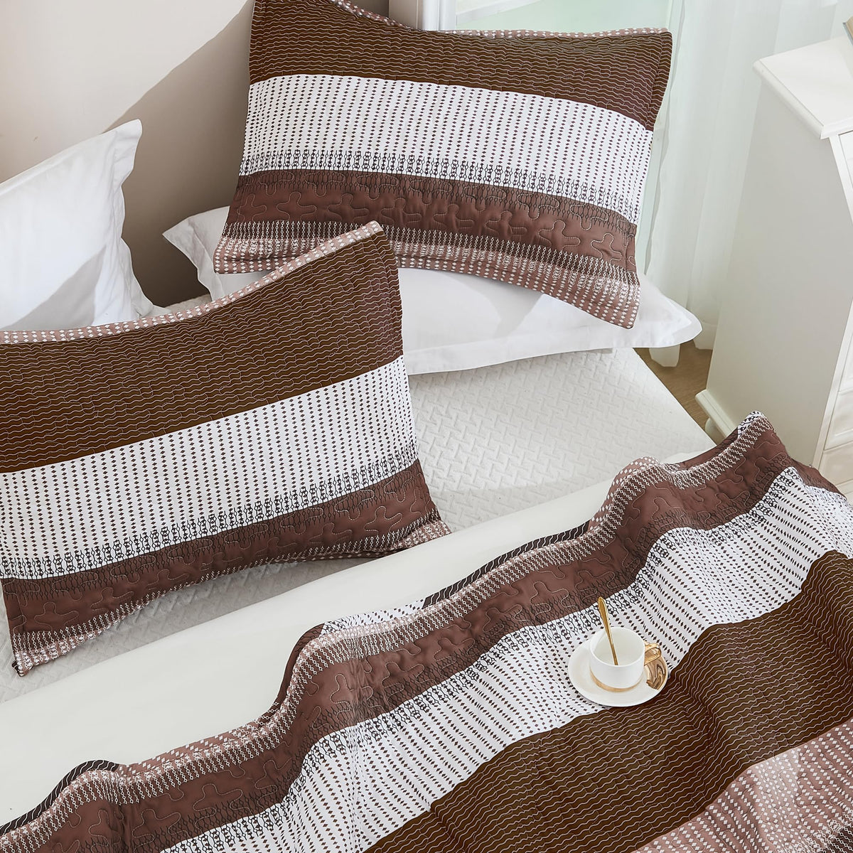 Quilt Set Brown, 3 Pcs Bedspreads & Coverlets