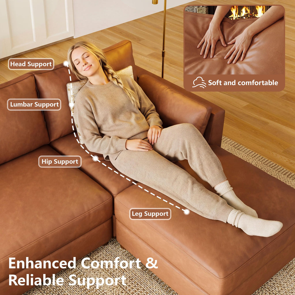 Faux Leather Modular Sectional Sofa Wide V Shaped Couches Brown