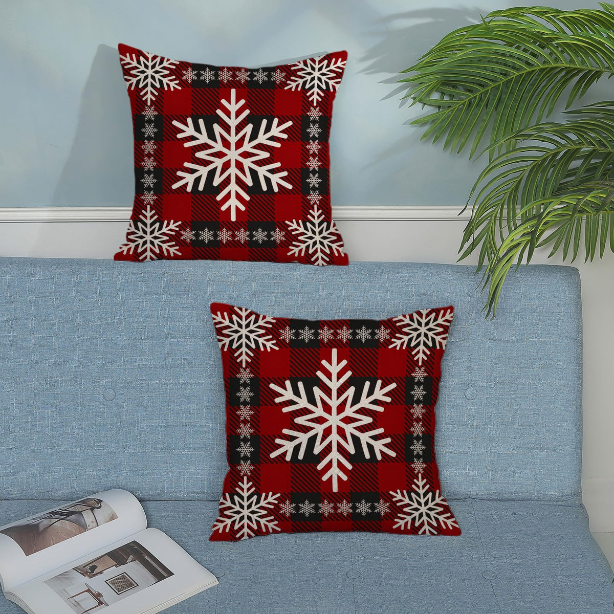 Christmas Pillow Covers 18x18 Set of 2 Winter Red Black Buffalo Plaid Snowflake Pillow Cases Outdoor Christmas