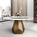 59" Modern Artificial Marble Round Dining Table with Antique Brass Metal Base & 31.5" White Sintered Stone Turntable
