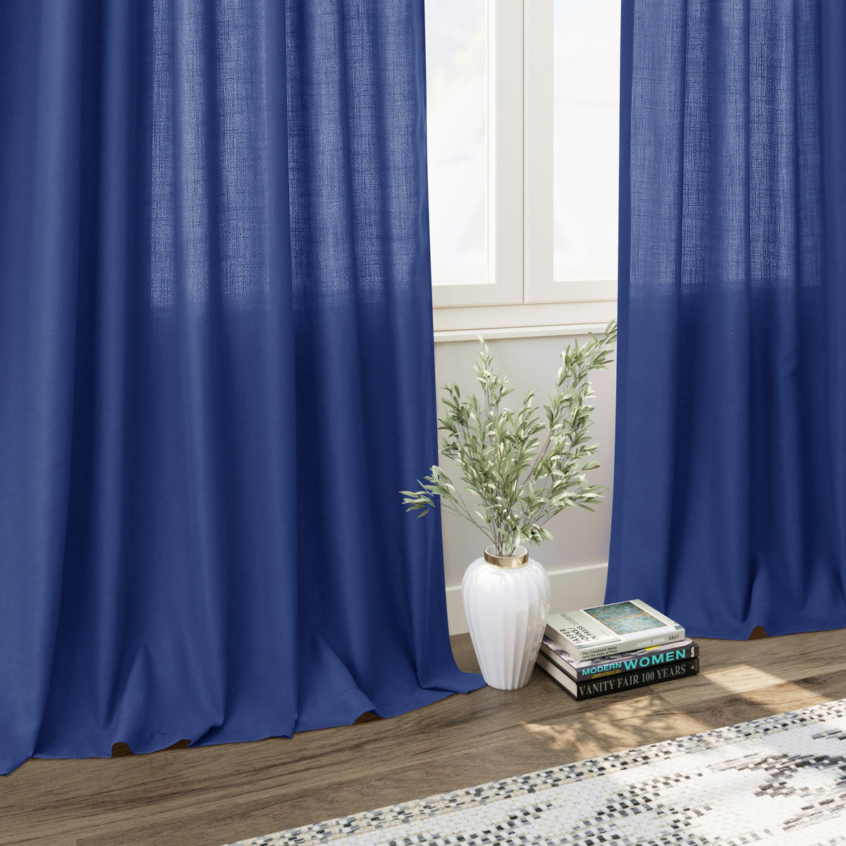 Classic Blue Linen Curtains 102 Inches Long Rod Pocket Back Tab Drapes 2 Panels Set Bedroom Light Filtering Semi