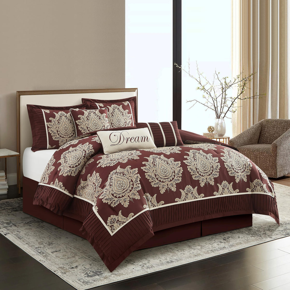 Burgundy Comforter Set, 7 Piece Damask Patchwork Bedding, Jacquard with Matching Solid Piecework Bedding