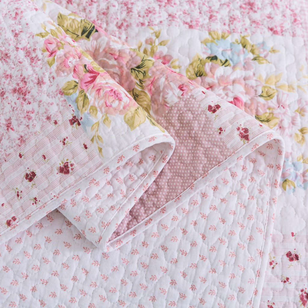 Pink Floral Patchwork Cotton Quilt Set, with 2 Shams