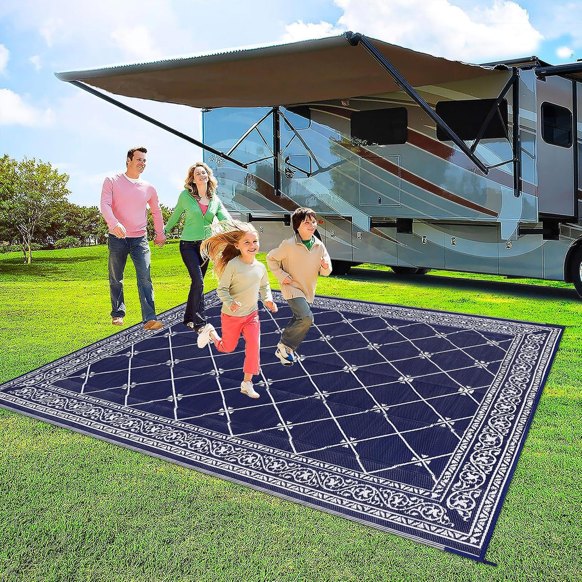 Outdoor Rug 8'x10' s, Waterproof Trellis Blue & White Outside Mat for Front Porch,Beach, Reversible Plastic Straw