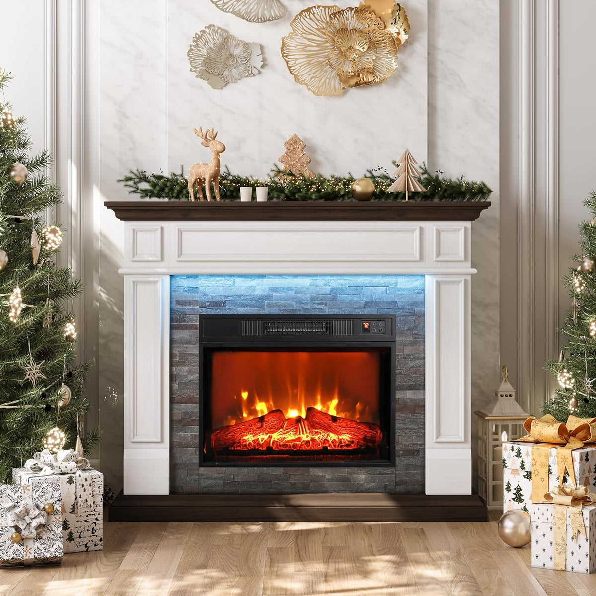 44 Inch Electric Fireplace Mantel TV Stand, Farmhouse Style Fireplace Heater with Stacked Stone Surround, 3D Realistic Flame and Remote Control, White