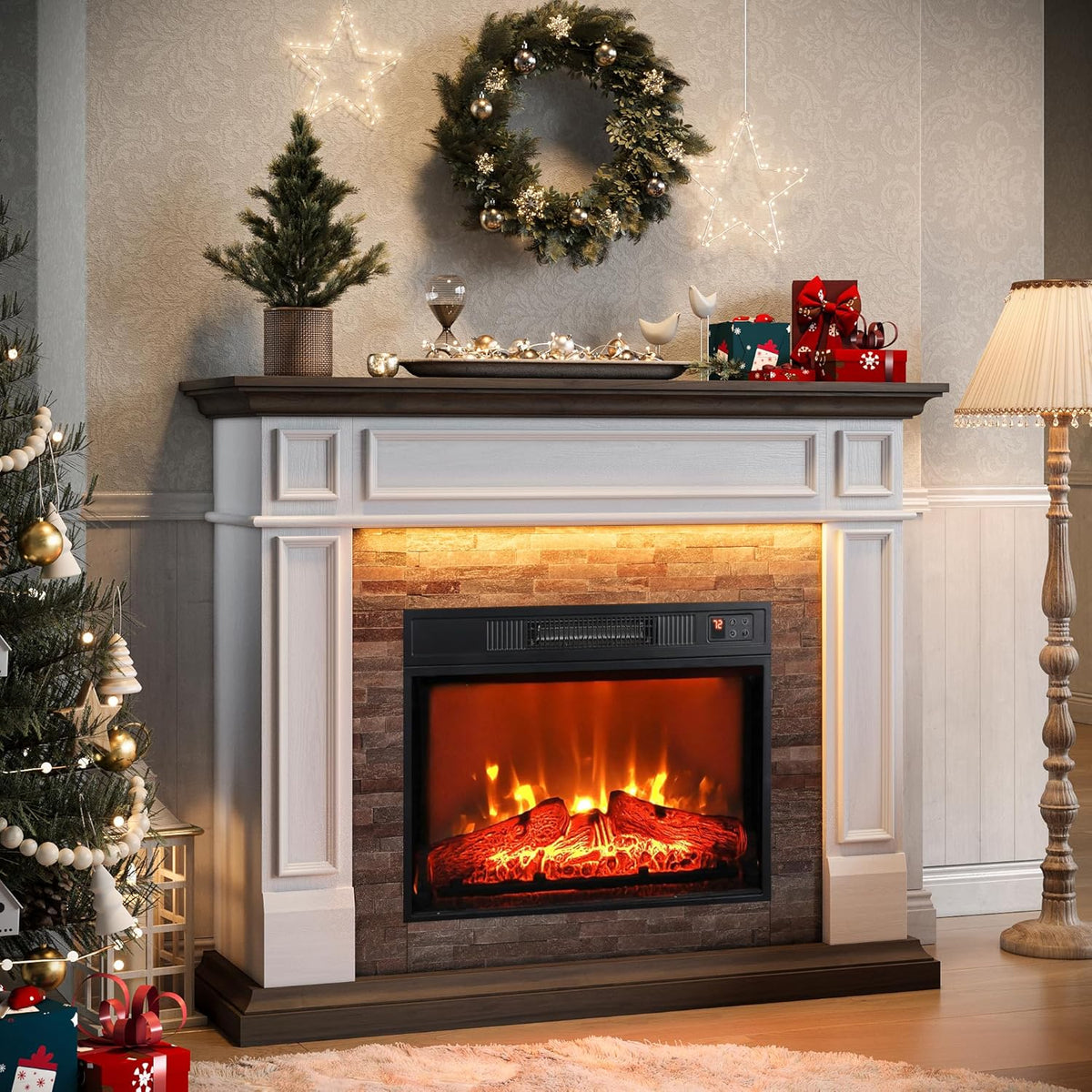 44 Inch Electric Fireplace Mantel TV Stand, Farmhouse Style Fireplace Heater with Stacked Stone Surround, 3D Realistic Flame and Remote Control, White