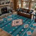 Southwest Teal Rugs, Large Machine Washable Soft Non-Slip Aztec Rug, Low-Pile Non-Shedding Foldable Dining Floor