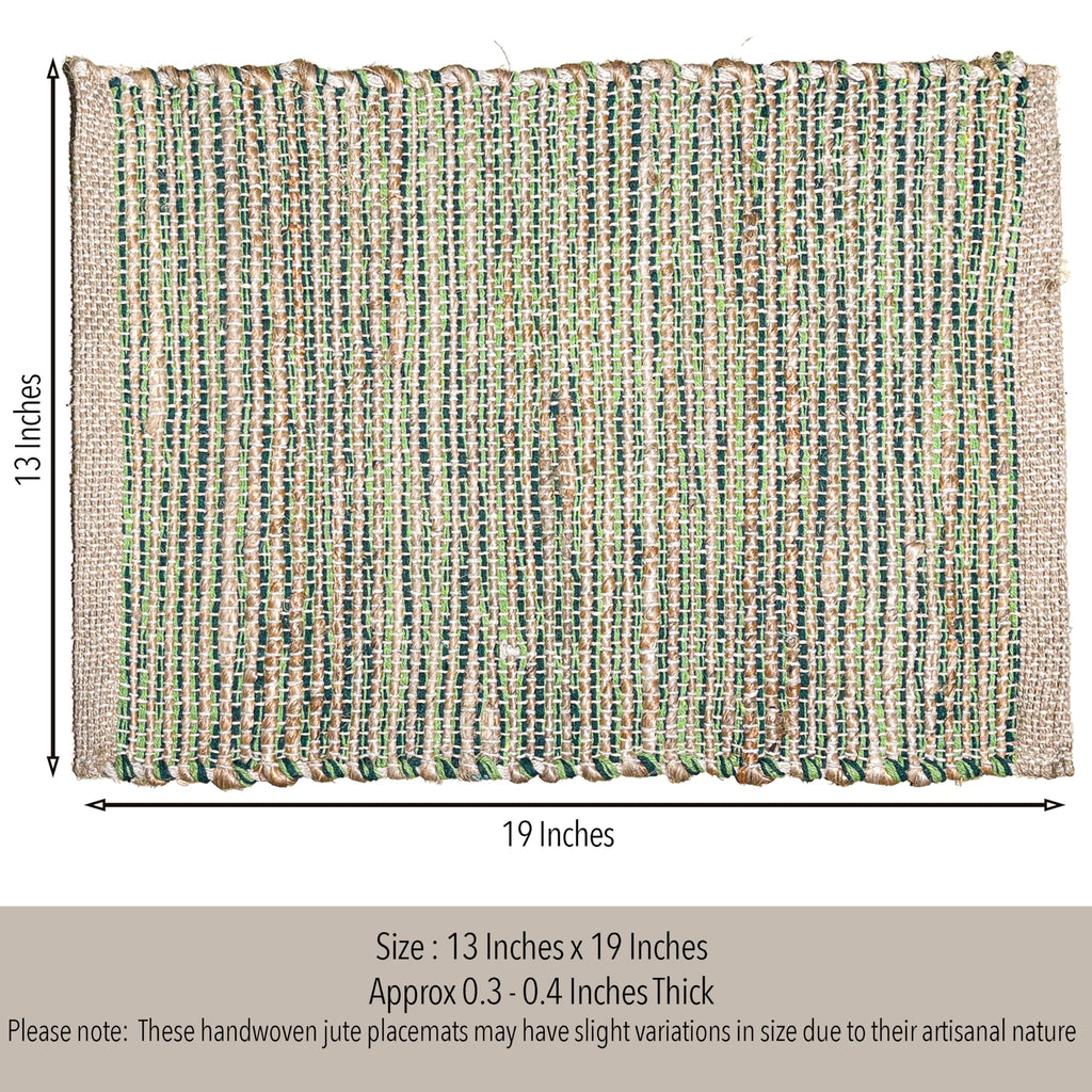 Natural Jute & Green Placemats, Set of 4 - Rustic Handmade Boho Table Mats, 13x19 Inch Dining Table Placemats