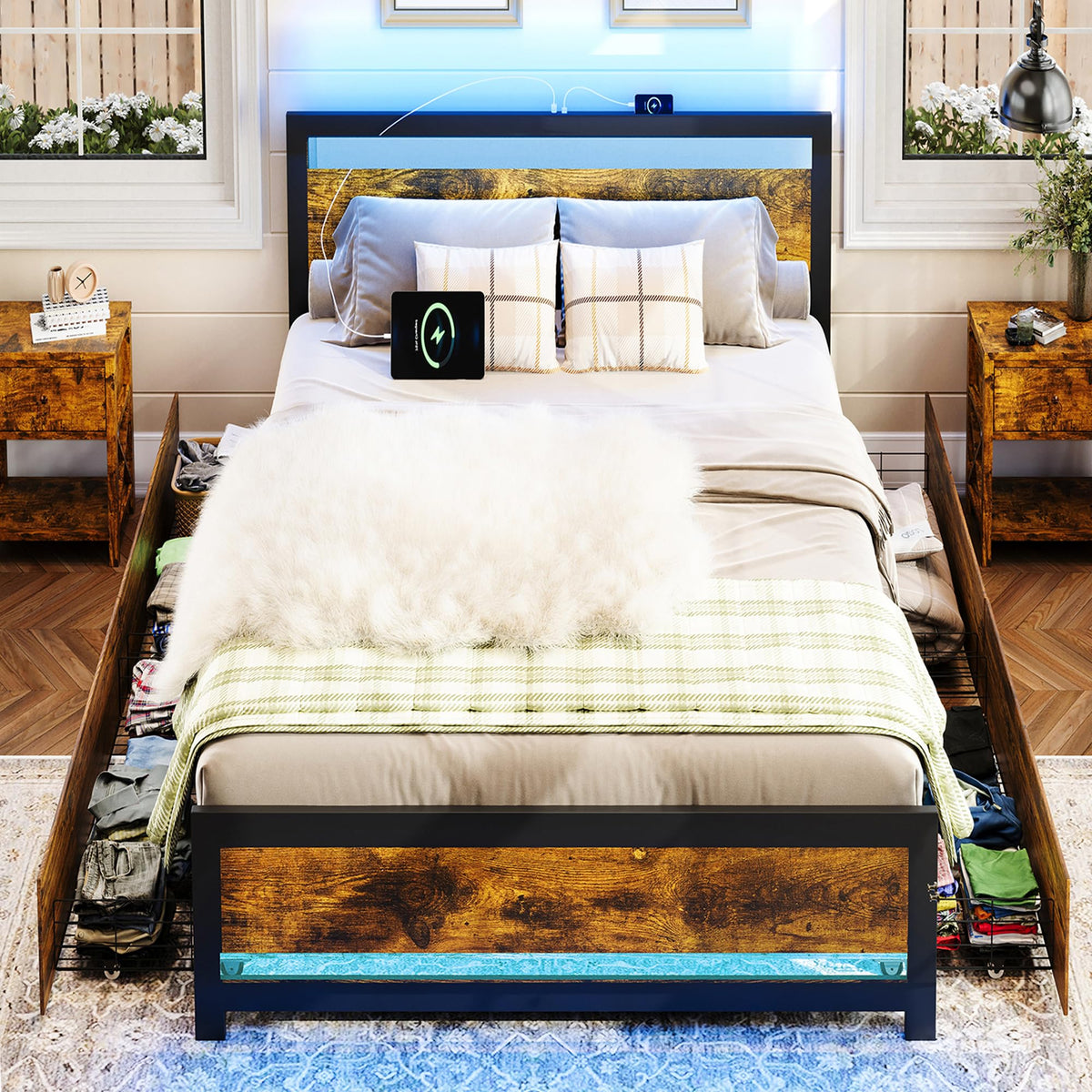 Farmhouse Bed Frame with Storage and 4 Drawers, Rustic Led Bed Frame with Headboard and Charging Station