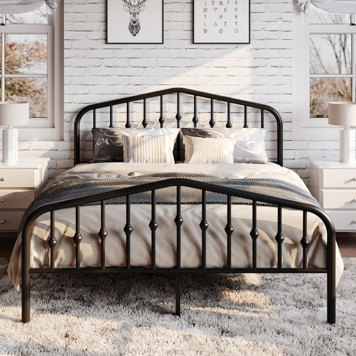 Metal Bed Frame with Wrought Iron-Art Headboard, Black