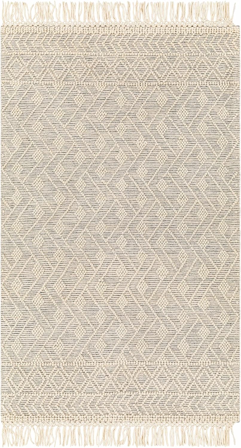 Erica Wool Living Room, Bedroom Area Rug - Geometric Diamond Trellis Border - Traditional Transitional Scandinavian