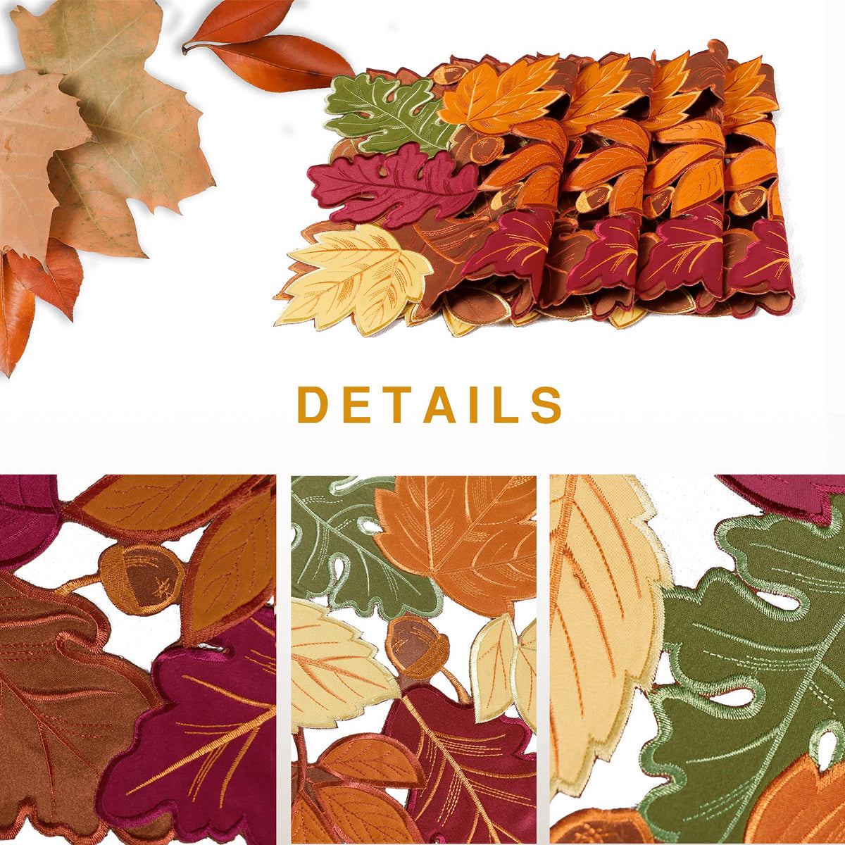 4 PCS Thanksgiving Placemats for Dining Table, 13 x 19 Inch Set of 4 Embroidered Maple Leaves Table mats for Fall