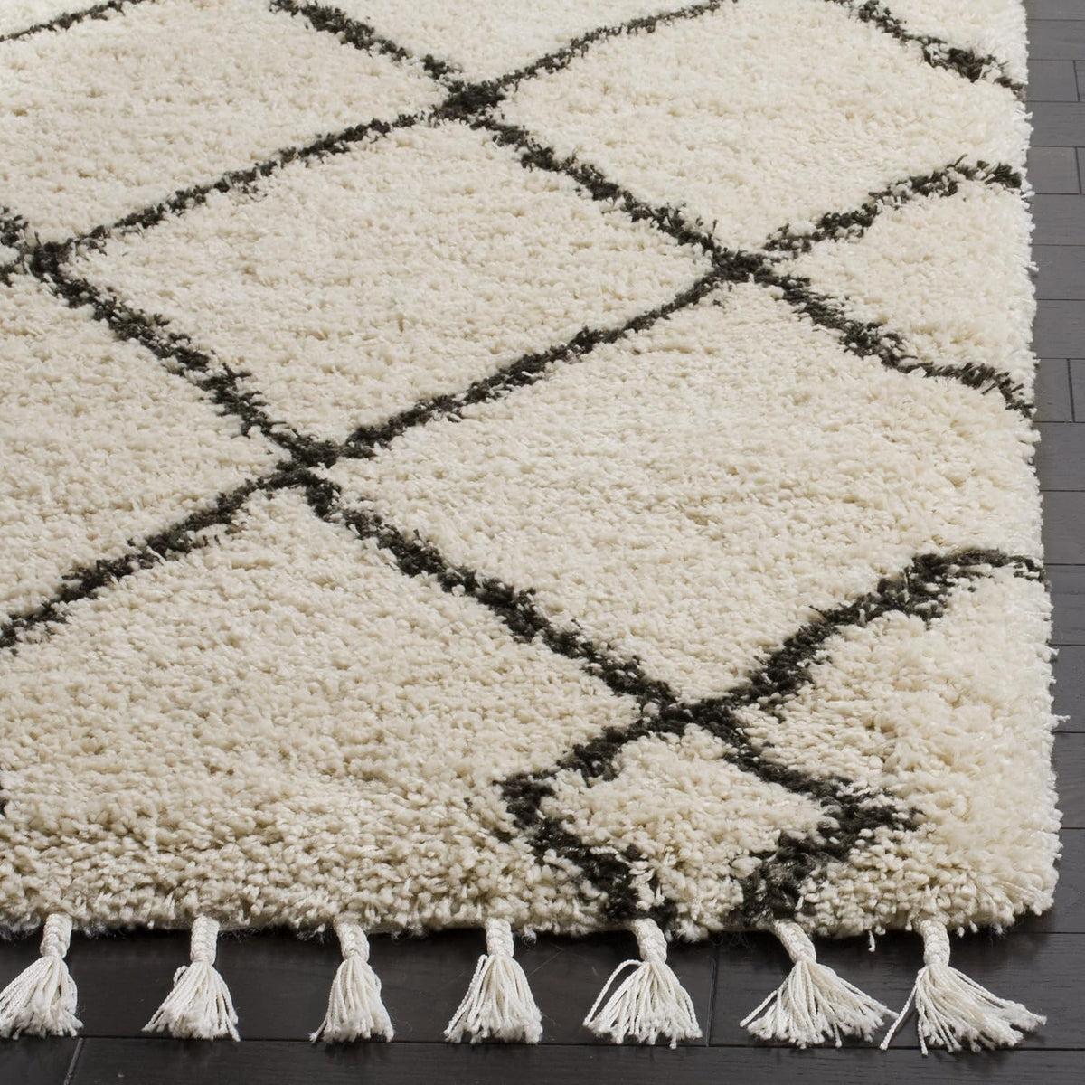 Moroccan Fringe Shag Collection Runner Rug, Cream & Charcoal, Boho Trellis, Non-Shedding & Easy Care