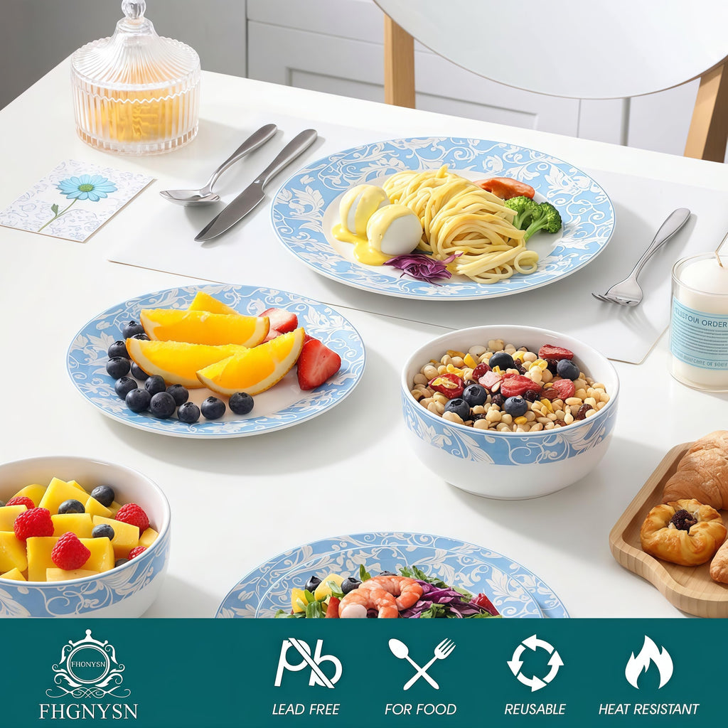 Bone China Dinnerware Set for 4, 12 Pcs White Plates and Bowls, Blue Rim