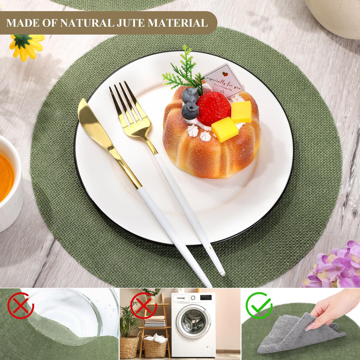 50 Pieces Round Burlap Placemats 11.8 Inch Reusable Sage Green Table Mats Heat Resistant Natural Jute Fibers