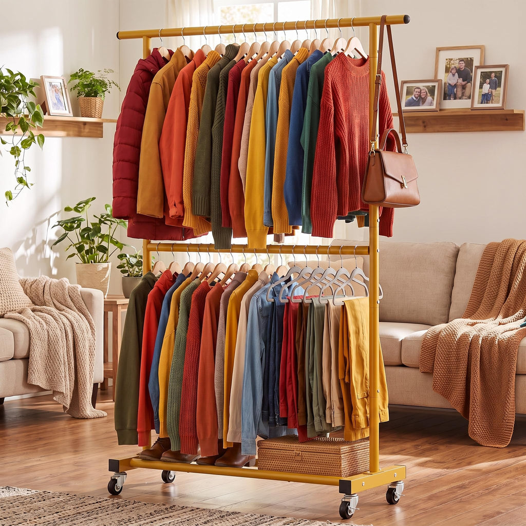 Double Rod Metal Clothing Garment Rack on Wheels, Gold