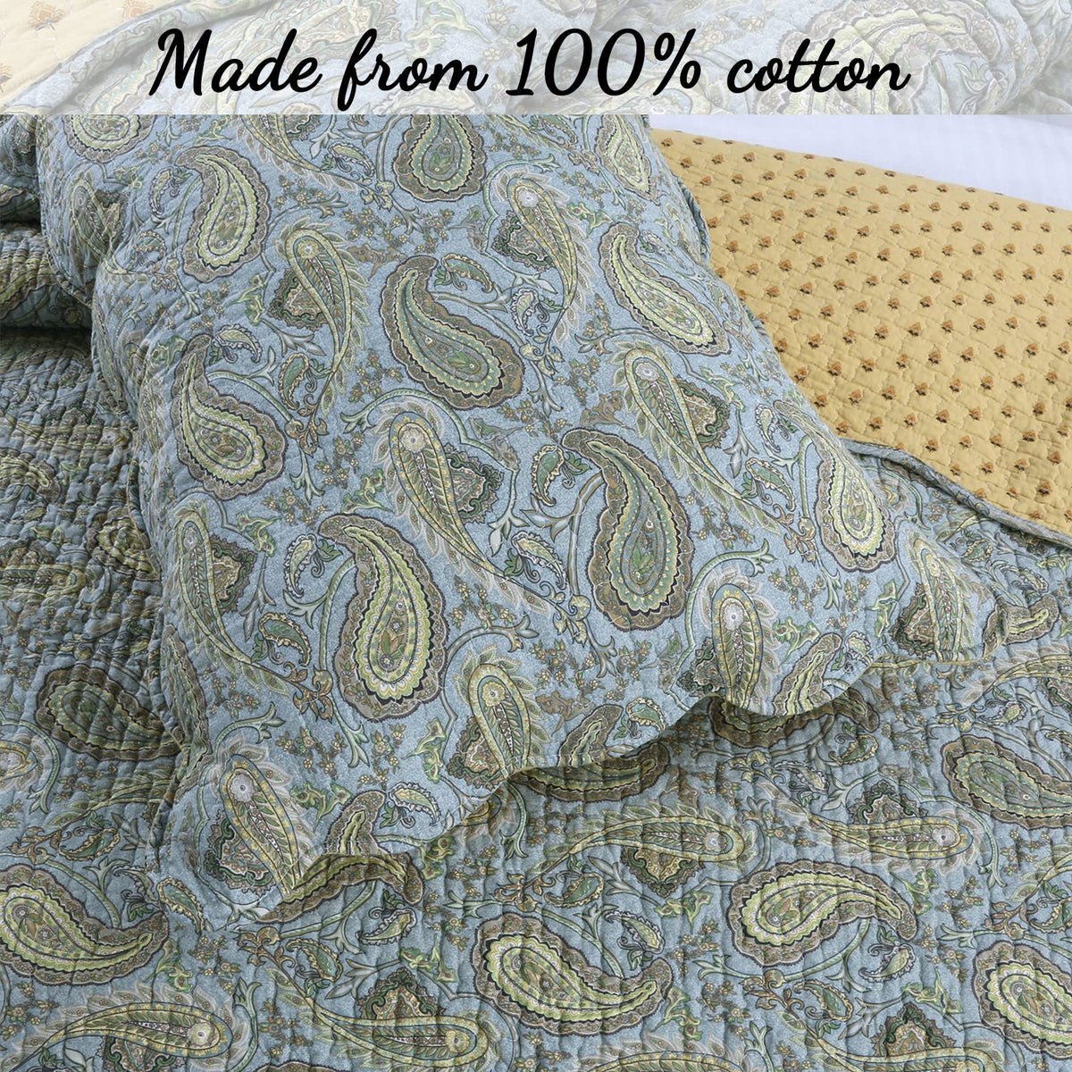 Heritage Country Cottage Classic 100% Cotton Reversible Quilt Bedding Set, Coverlet, Bedspread (Green Paisley