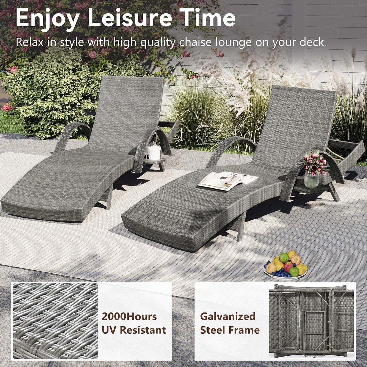 Chaise Lounge Outdoor Set of 2, Rattan Pool Loungers Chairs Set of 2 with Armrests & Pull-Out Side Table, Patio