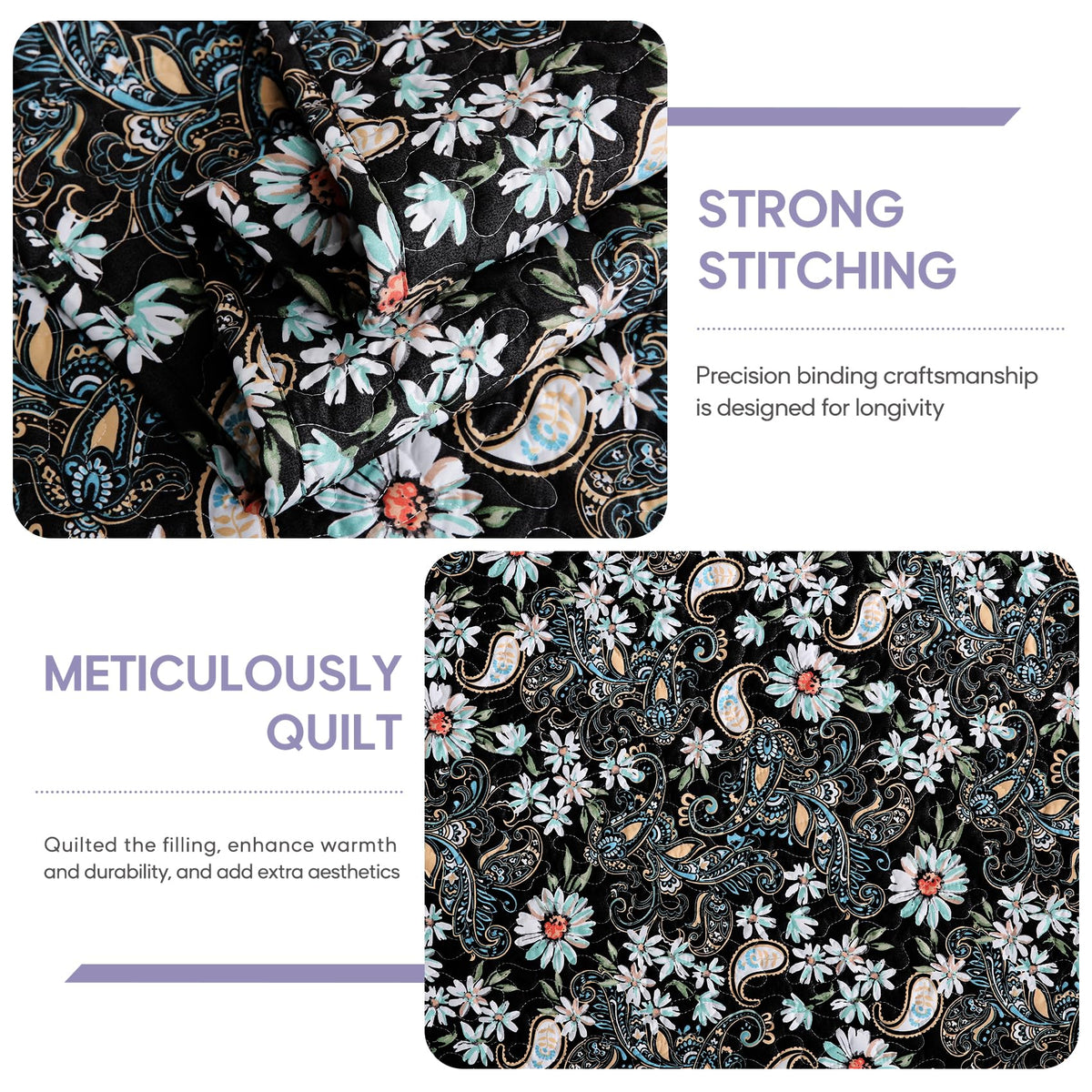 Black Paisley Floral Quilt Set, Microfiber Quilted Blanket