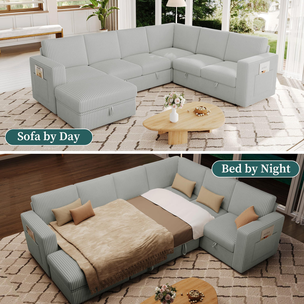 Sectional Sleeper Sofa, Pull Out Couch with Storage, Pale Gray, 7 Seat
