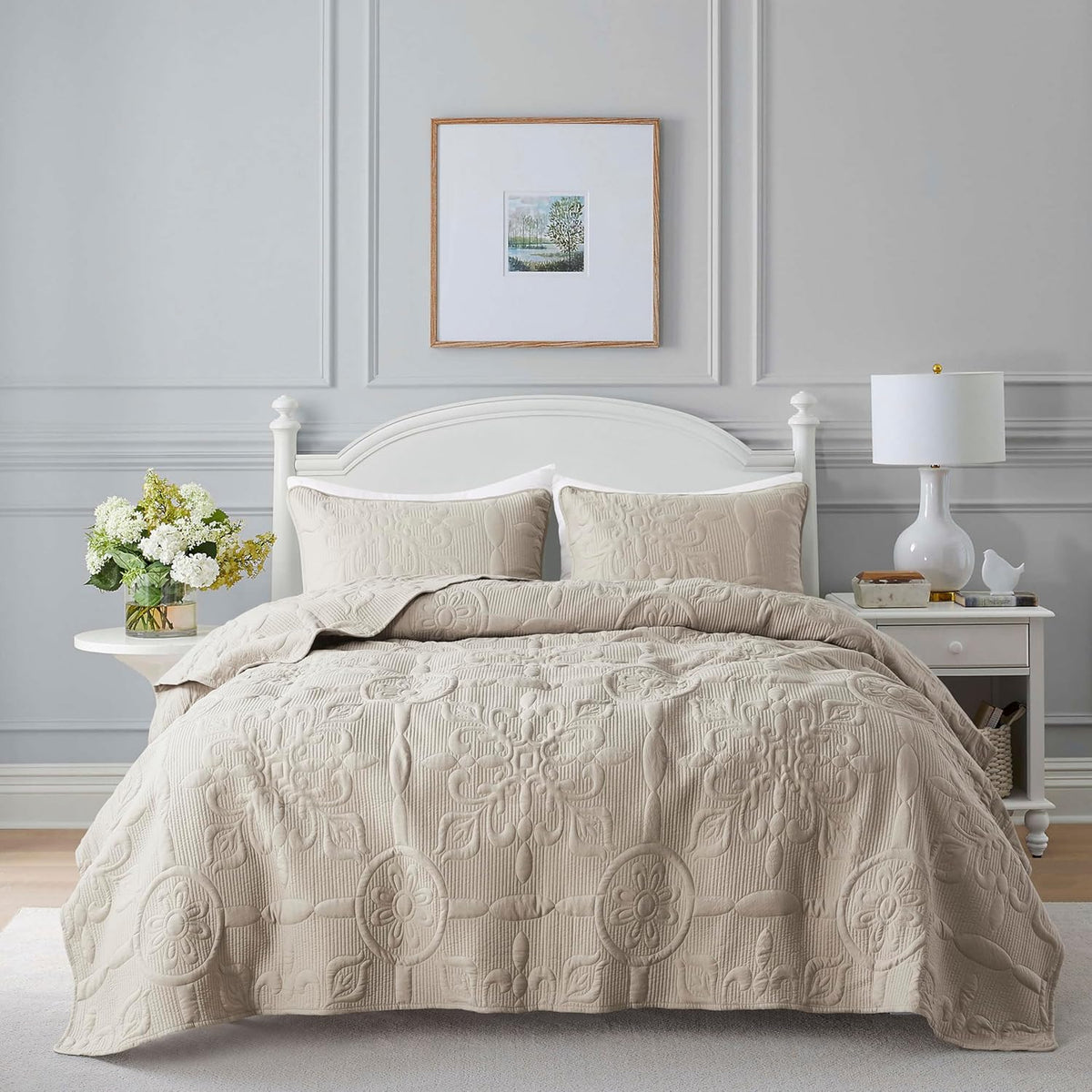Beige Damask Quilt Bedding Sets with 2 Pillow Shams, Boho Bedspread Lightweight Soft Farmhouse Vintage Bohemian