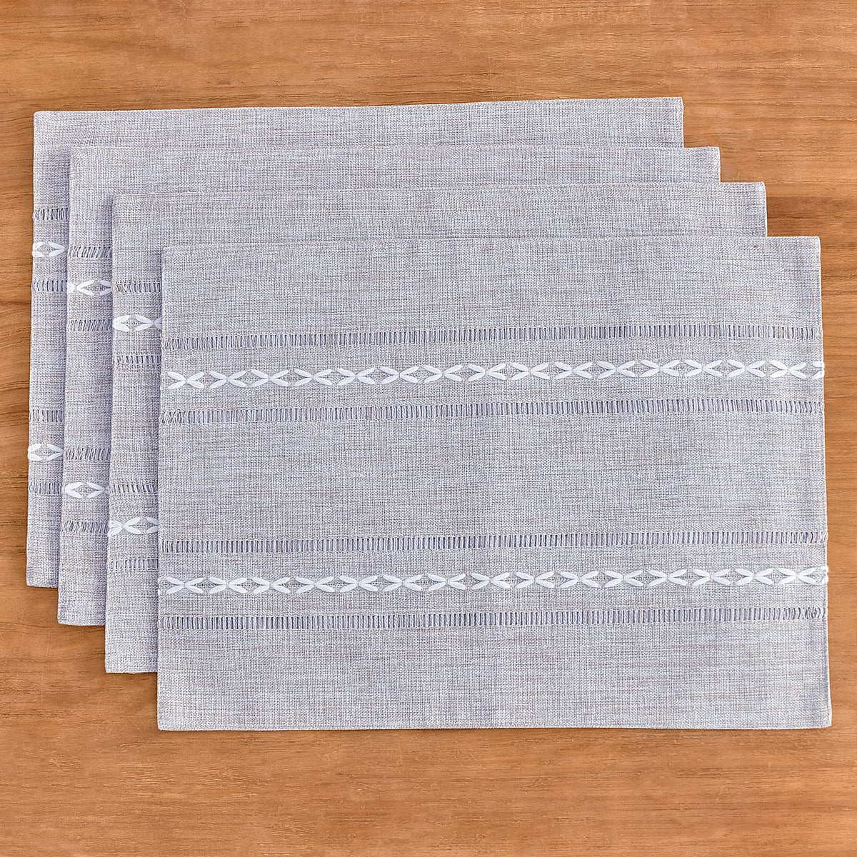 Linen Place Mats, Grey Embroidered Placemats Set of 4