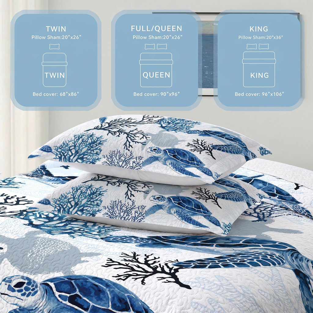 Nautical Queen Quilt Set, Coastal Sea Turtle Bedding, 3 Piece, 90"x96"