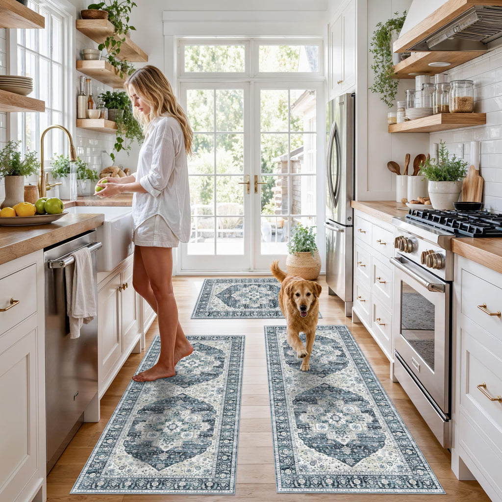 Kitchen Mats for Floor 3 Piece Set: Non-Slip Washable Boho Area Rugs and Runner for Sink, Entryway, Bathroom Soft Low