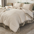 Beige Comforter Set Queen, 3 Pieces Boho Tassel Bedding