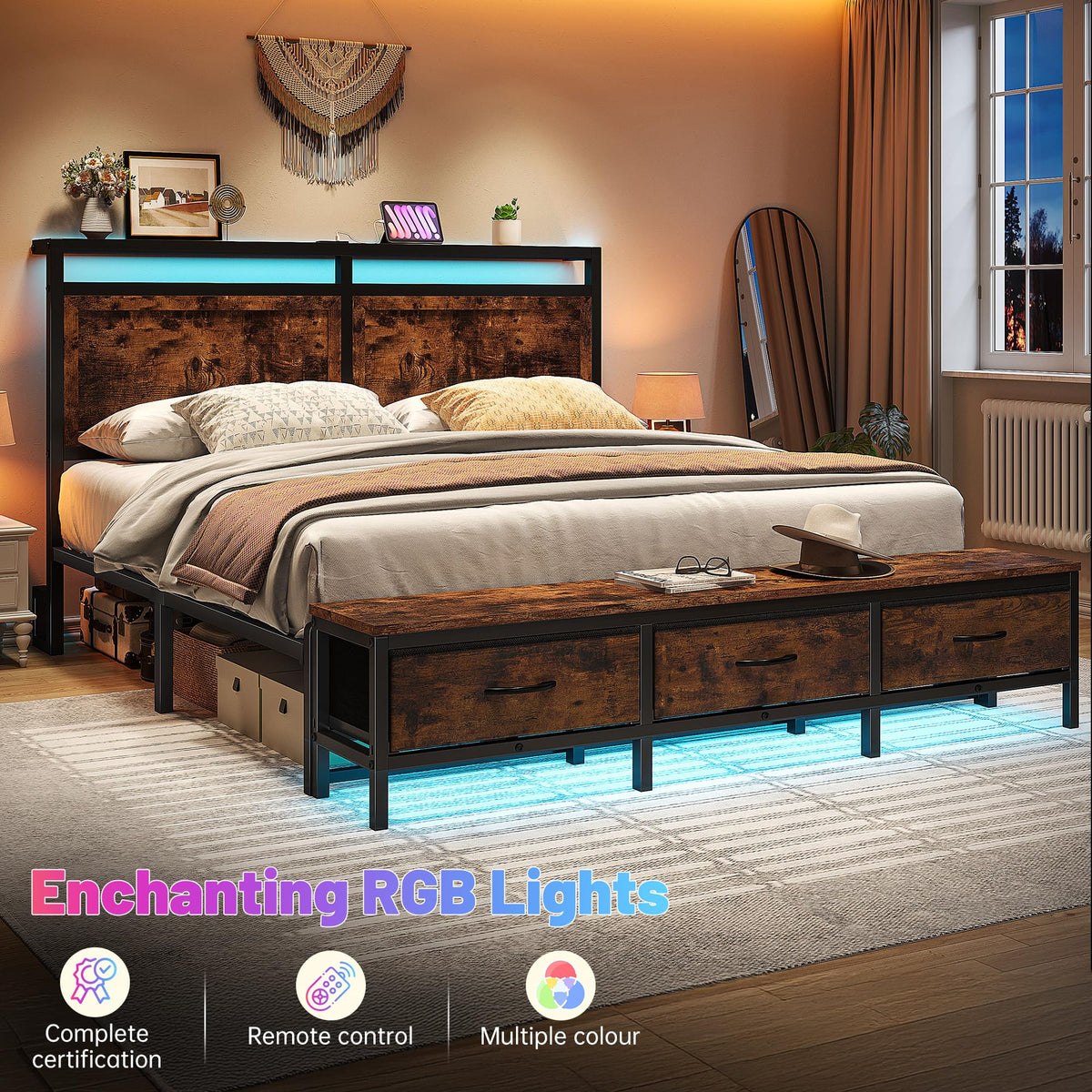 Bed Frame with Ottoman & Charging Station, Rustic Brown