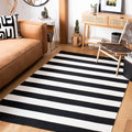 Montauk Collection Area Rug - 8' Square, Black & Ivory, Handmade Flatweave Cotton, Woven Texture, Farmhouse Stripe
