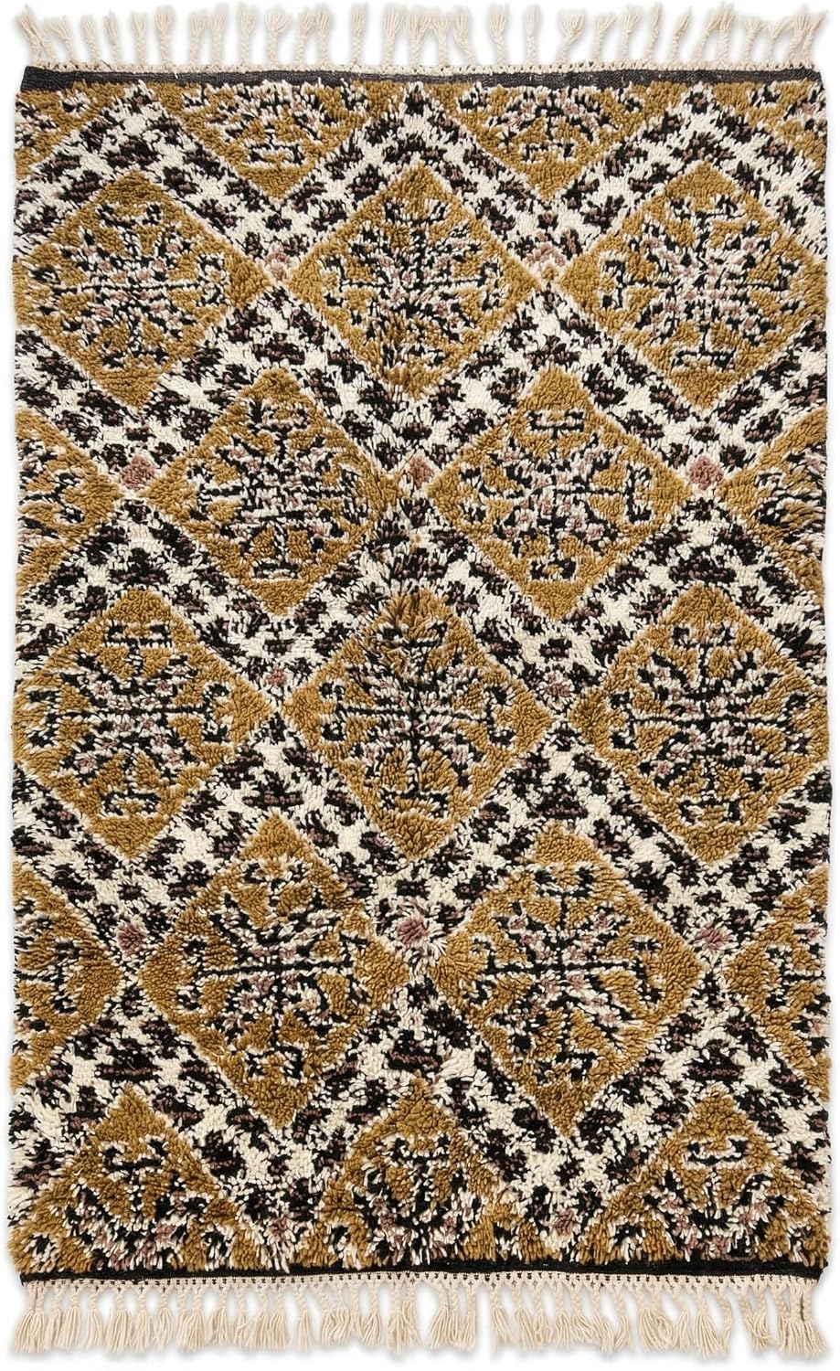 Wool Rug 6' x 9' - Handmade Berber Shag Area Rug, Ochre and Cream Traditional Diamond Pattern, Atlas Artisan Wool