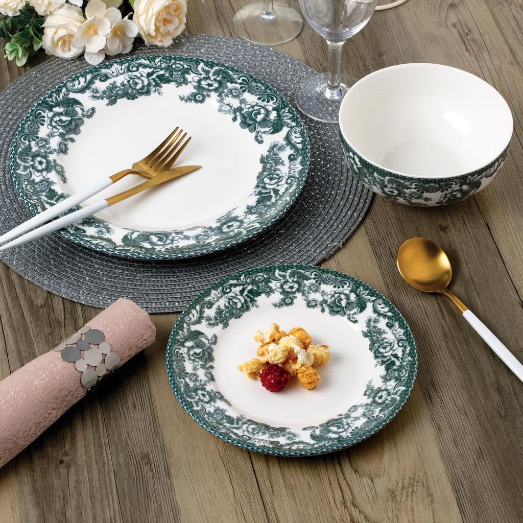 Montana Chip-Resistant Porcelain Dinnerware Set, 12-Piece, Elegant Green Floral Border