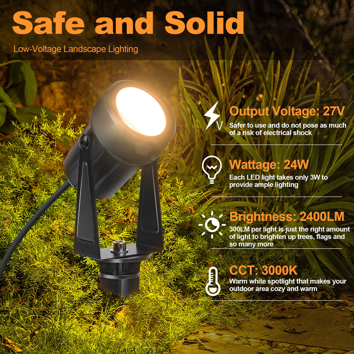 LED Outdoor Landscape Spot Light Low Voltage, 24W Wired Uplight with Transformer, IP65 Waterproof Outside