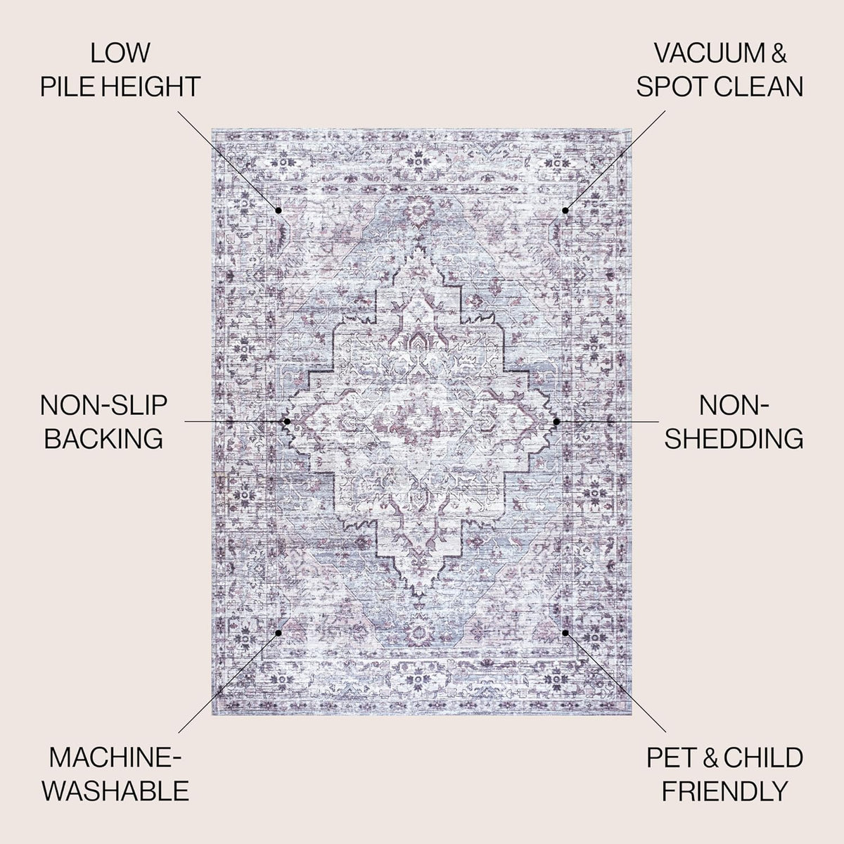 Machine Washable Gray/Purple Round Area Rug 8 ft, Didim Boho Medallion, Easy-Cleaning, High Traffic, Pet-Friendly