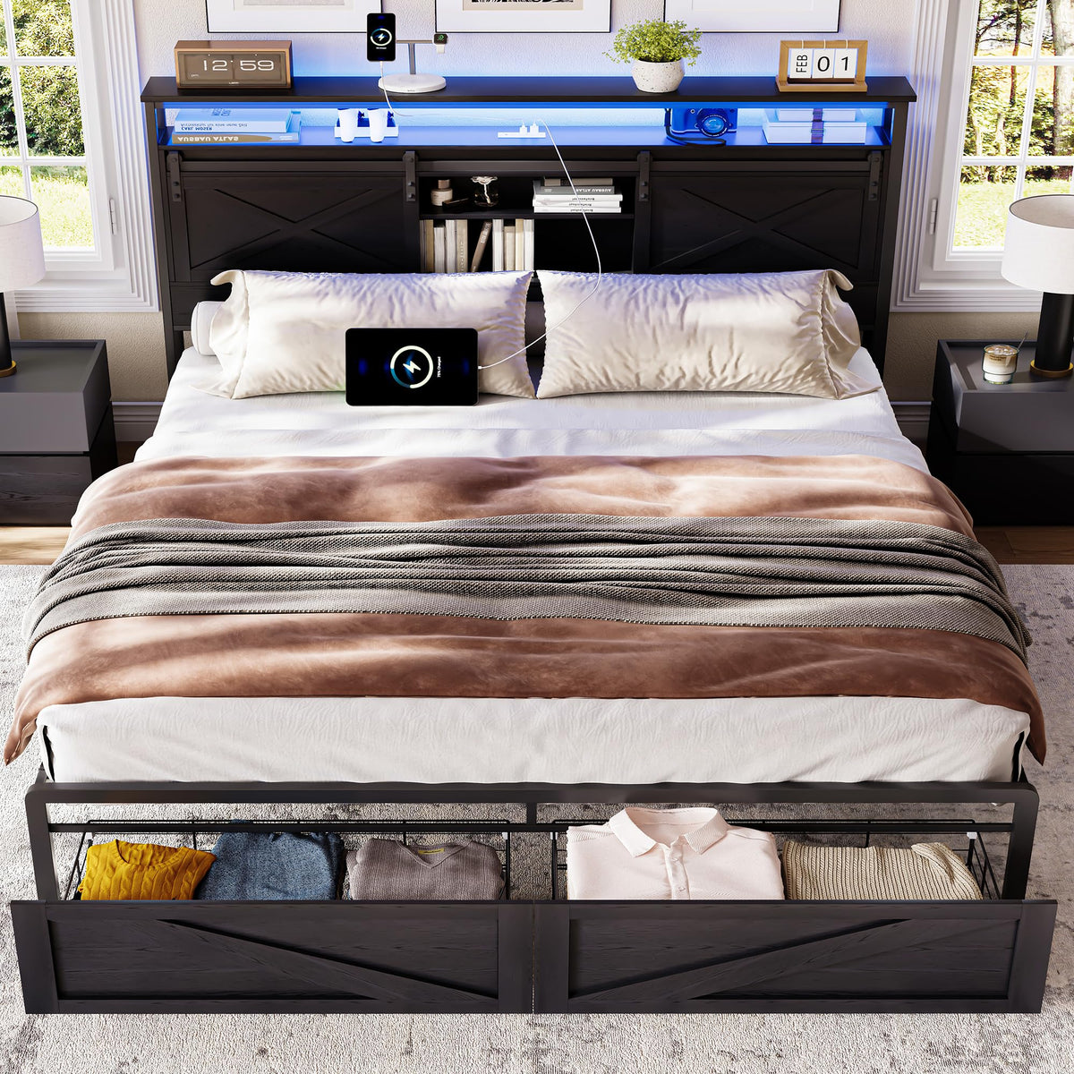 Farmhouse Bed Frame and Headboard with Storage Drawers & LED, Bed with Sliding Barn Door Storage