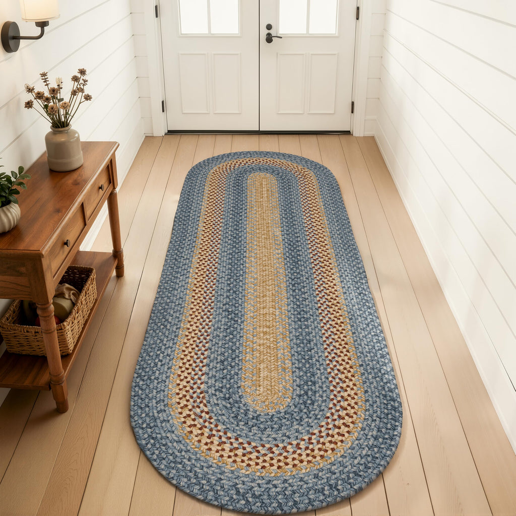 Oval Braided Runner Natural Rust Blue Farmhouse Kitchen Rug