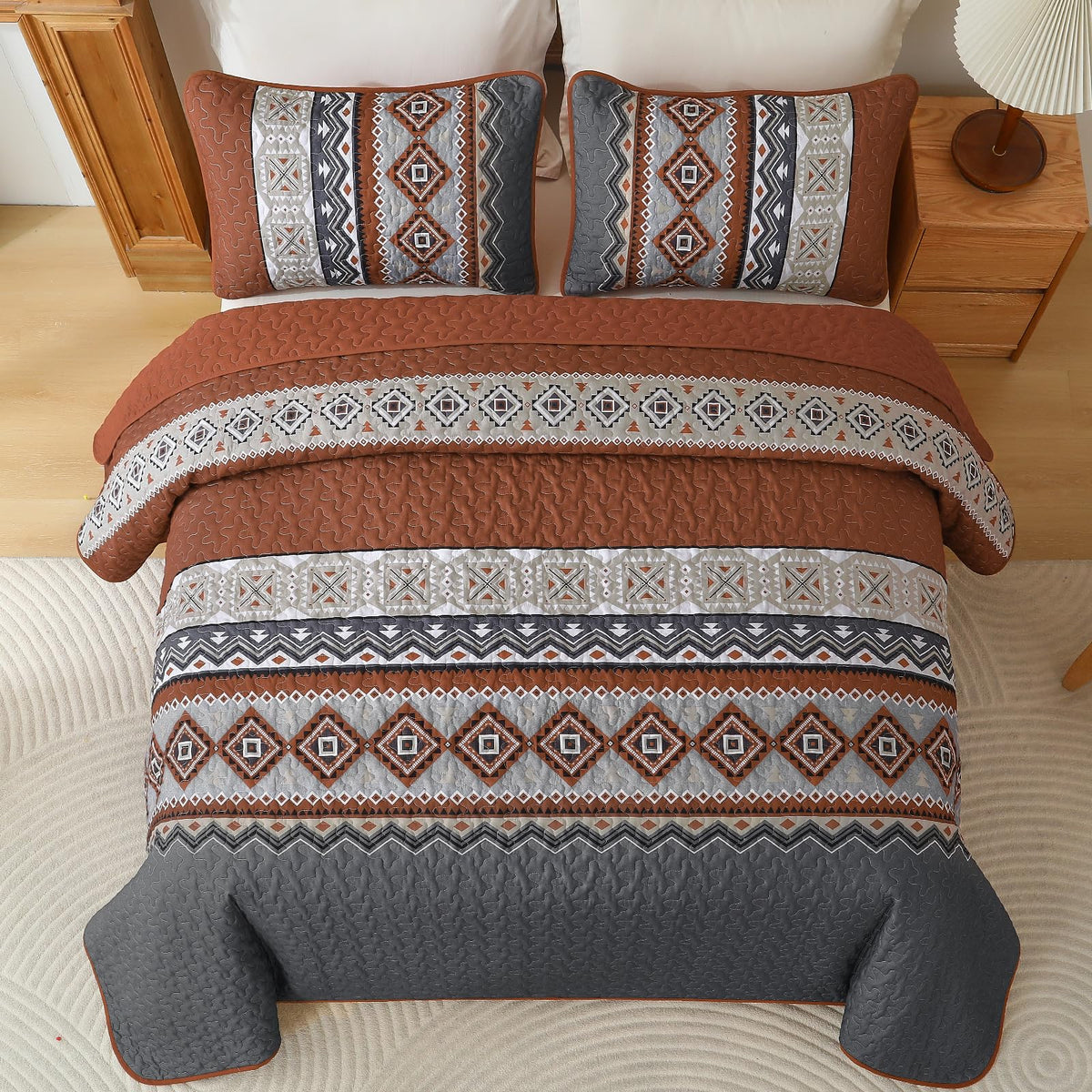 Queen Boho Quilt Set, Orange Grey Fall Thanksgiving Bedspread