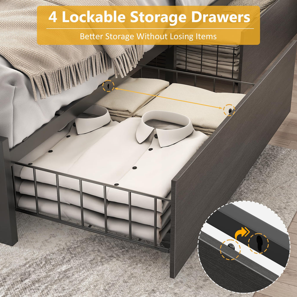 Bed Frame with 2-Tier Storage Headboard, Metal Platform Bed Frame with 4 Storage Drawers, Built in Charging