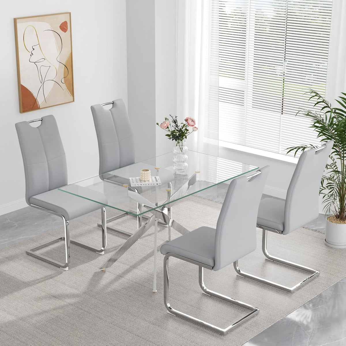 Modern Dining Chairs Set of 4, High Back Kitchen and Kitchen Room Chairs with Silver Metal Chrome Legs and