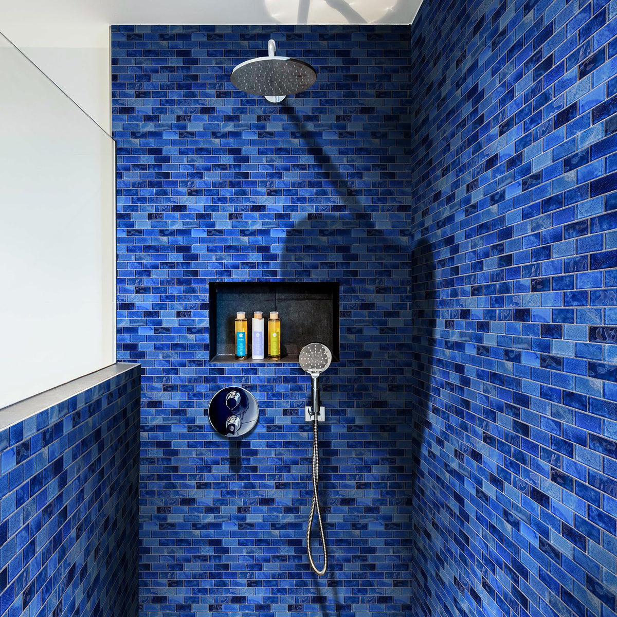 Glass Backsplash Linear Mosaic Wall Tiles, 5-Sheet Glass Tiles Bathroom Swimming Pool Shower Tiles (Dark Blue, 4.8