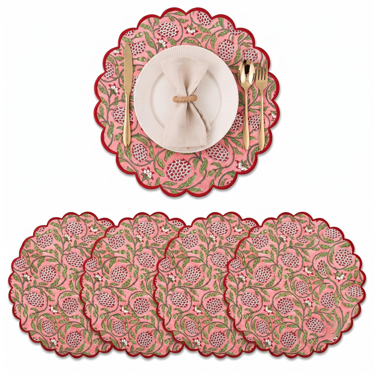 Floral Block Print Round Placemats 15 Inch, Set of 4, Strawberry Pink