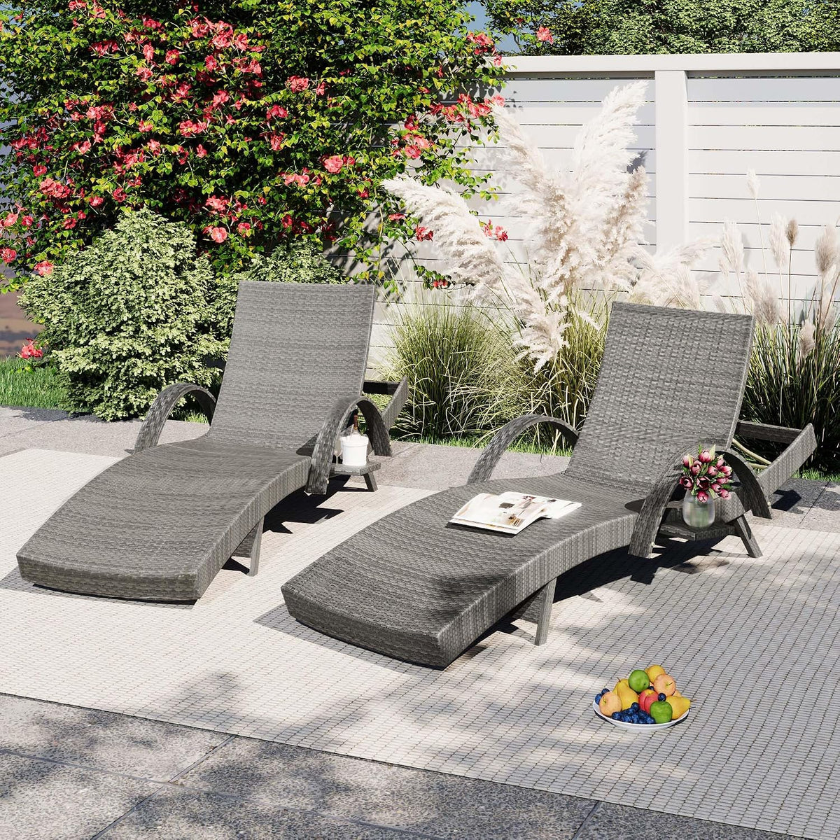 Chaise Lounge Outdoor Set of 2, Rattan Pool Loungers Chairs Set of 2 with Armrests & Pull-Out Side Table, Patio