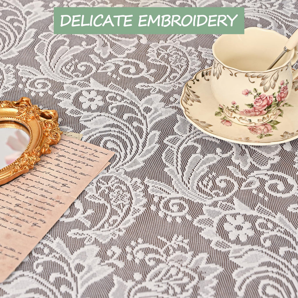 Round Lace Tablecloth Floral Design, French Vintage Scalloped Edge Embroidery Table Cloth for Wedding, Dinner