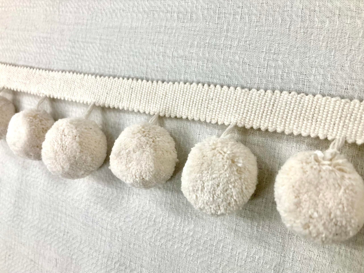 Off White Linen Jumbo Designer Pom Pom Fringe 2.25" Width Trim 24 Handmade Pom Pom's Per Yard 1.25" Diameter per Pom