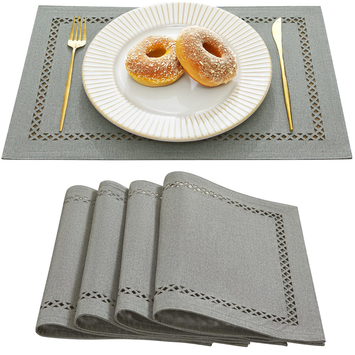 Farmhouse Burlap Place Mats, Grey Placemats Set of 4, 12 x 18 Inch