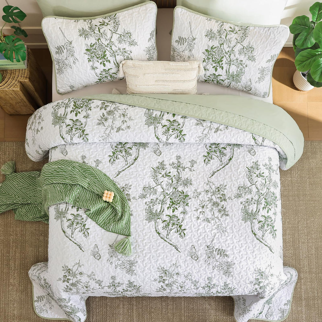 Floral Quilt Set, 3 Pcs Sage Green Bedspreads Coverlets