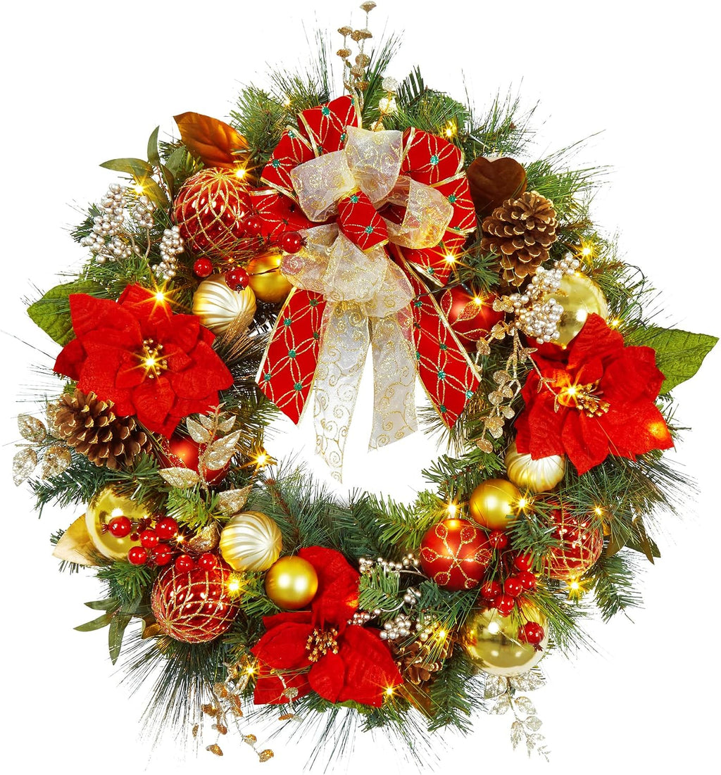 30 Inch Christmas Wreath, Pre-lit Christmas Wreaths for Front Door with 40 LED Lights Pine Cones Red Gold Balls