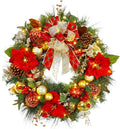 30 Inch Christmas Wreath, Pre-lit Christmas Wreaths for Front Door with 40 LED Lights Pine Cones Red Gold Balls